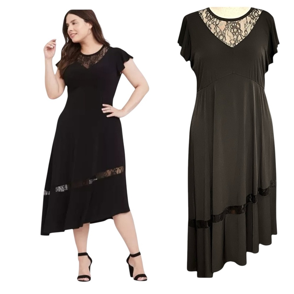 “NEW” TORRID Black Flutter Sleeve Asymmetrical Lace Panel Dress Sz 4